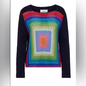 pistola Multicolor Crochet Front Navy Sleeve Scoop Neck Sweater